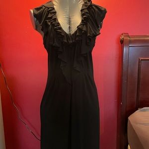 BCBG Max Azria S Black Ruffle Midi V Neck Dress